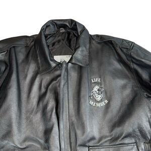 Vintage Burks‎ Bay Leather Jacket Men's XL Life Member Patch Lion Black